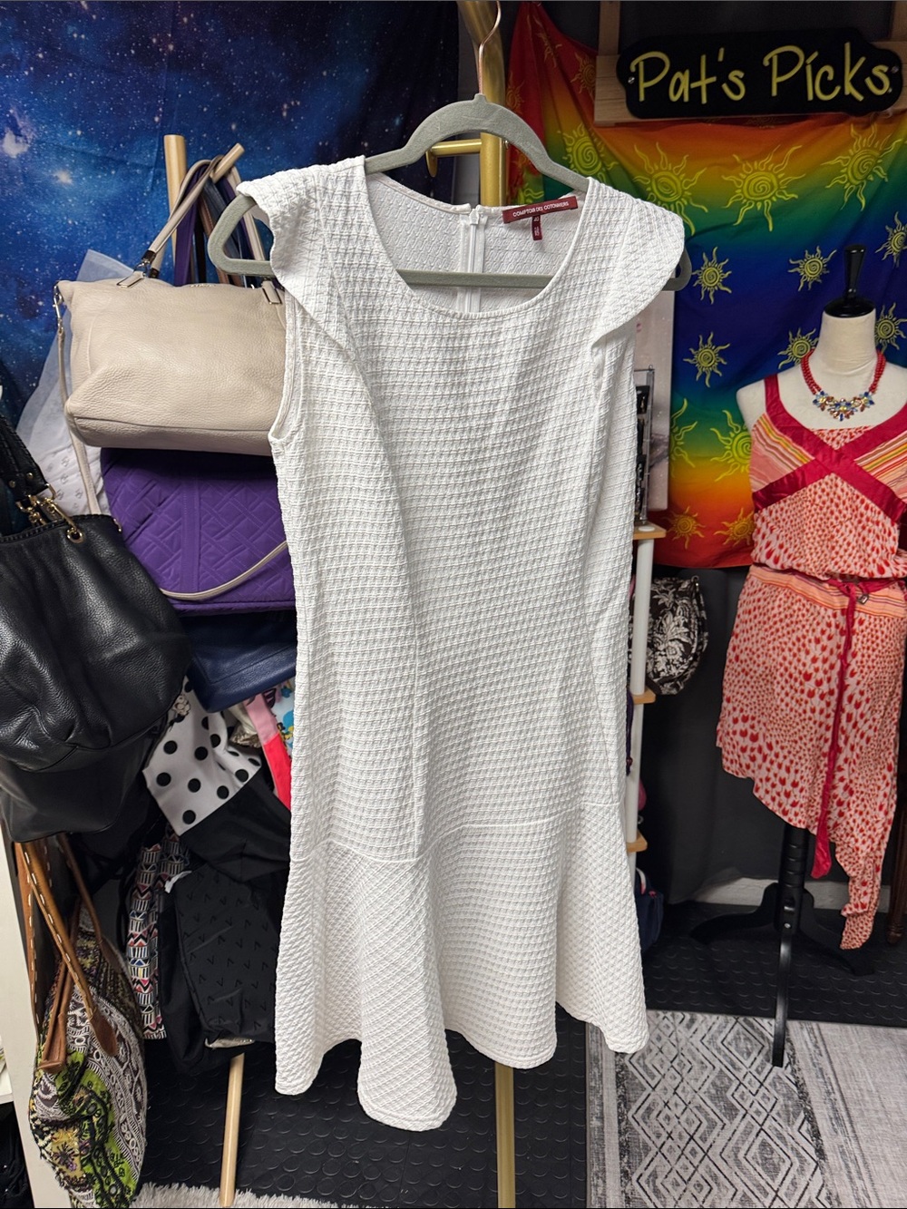 Comptoir Des Cotonniers White Textured Cap-Sleeve Midi Dress